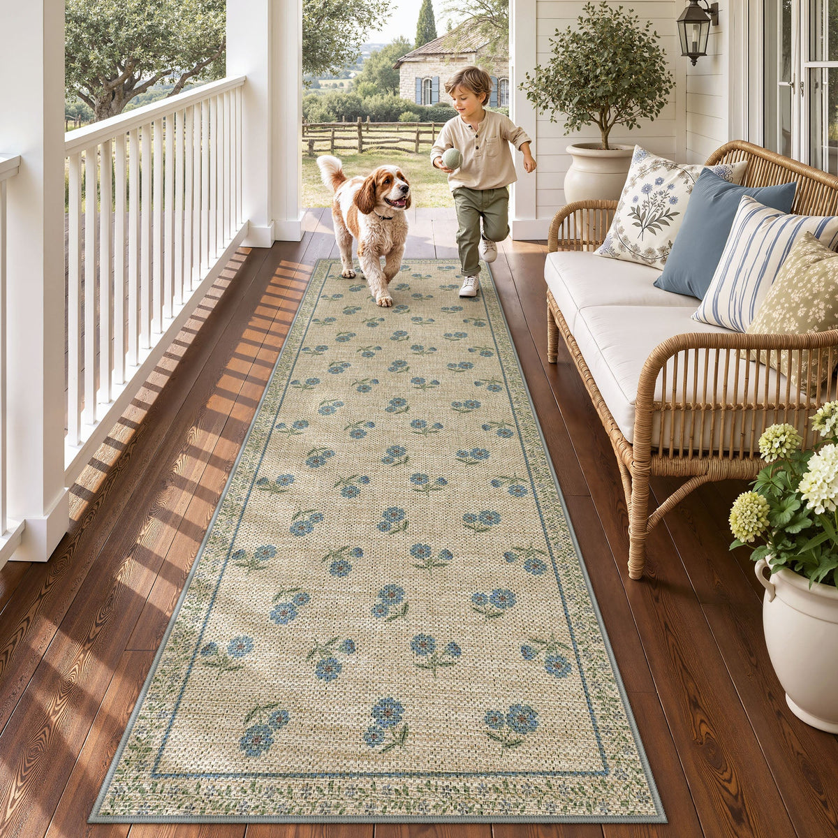 Farmhouse Floral Easy Jute Rug Washable Indoor Outdoor Low-Pile Area Rug