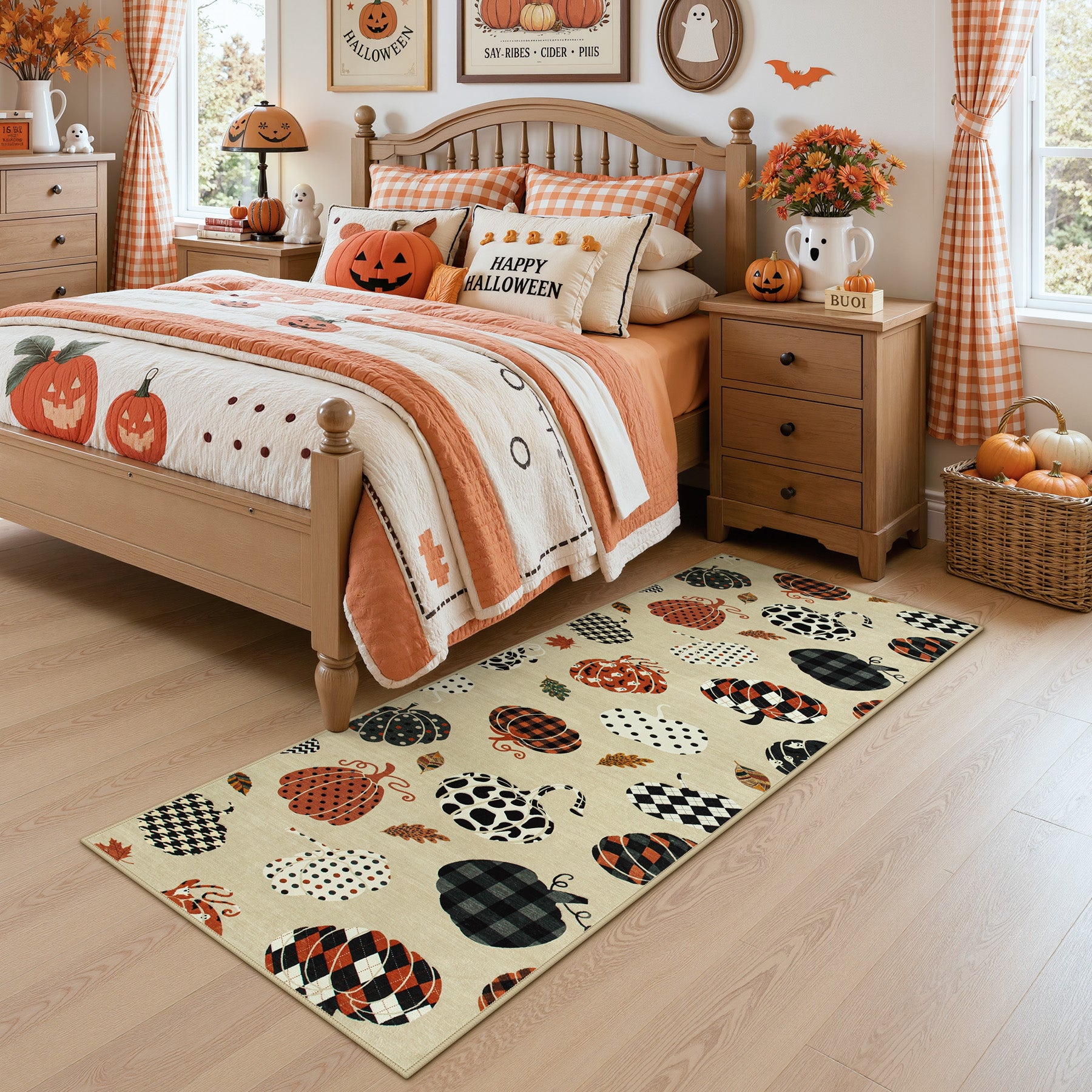 Multiple Sizes Fall Pumpkin Area Rug, Rectangular Washable Non-Slip Halloween Farmhouse Runner Rug