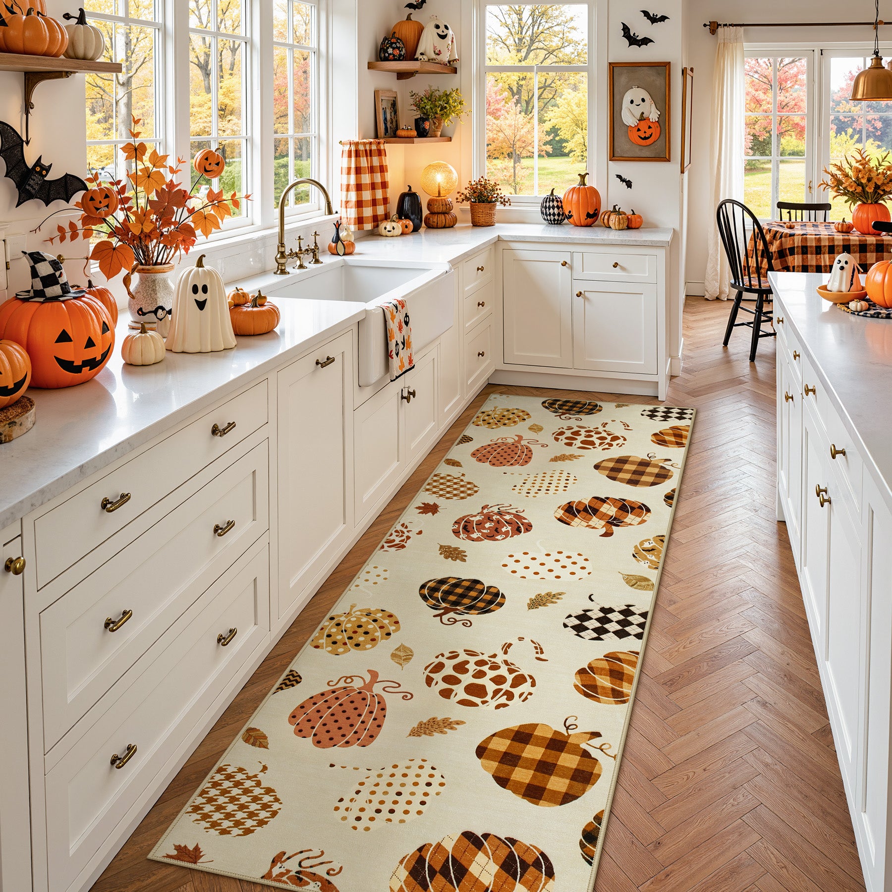 Multiple Sizes Fall Pumpkin Area Rug, Rectangular Washable Non-Slip Halloween Farmhouse Runner Rug