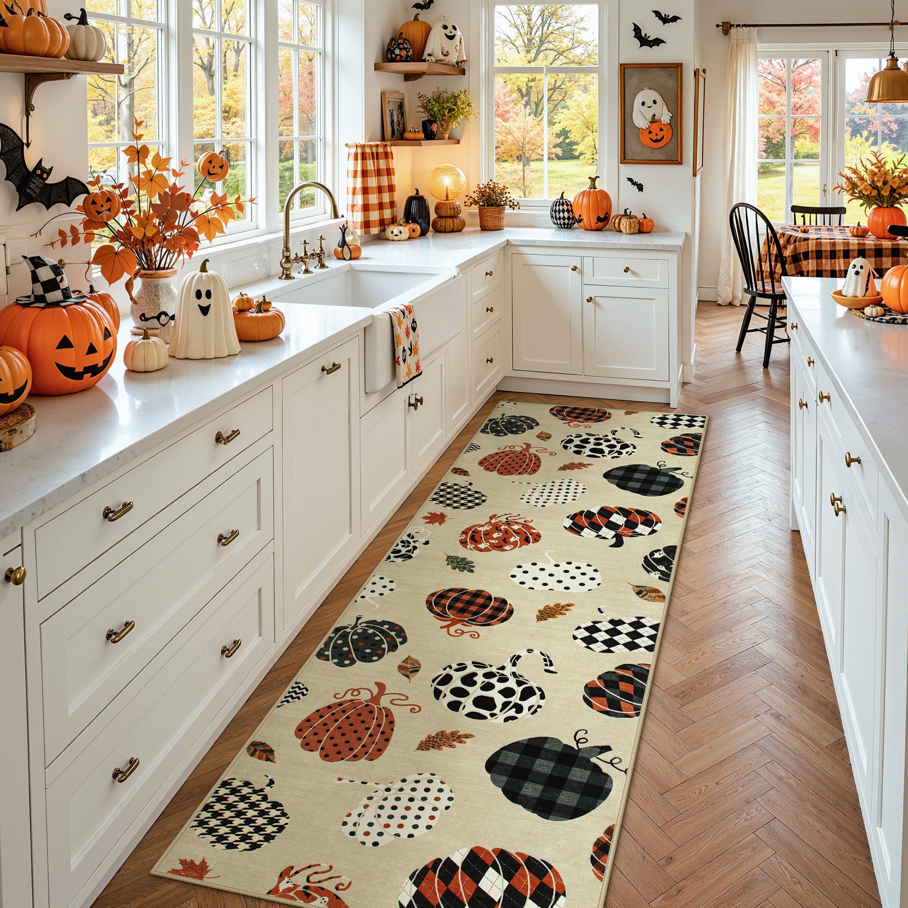 Multiple Sizes Fall Pumpkin Area Rug, Rectangular Washable Non-Slip Halloween Farmhouse Runner Rug