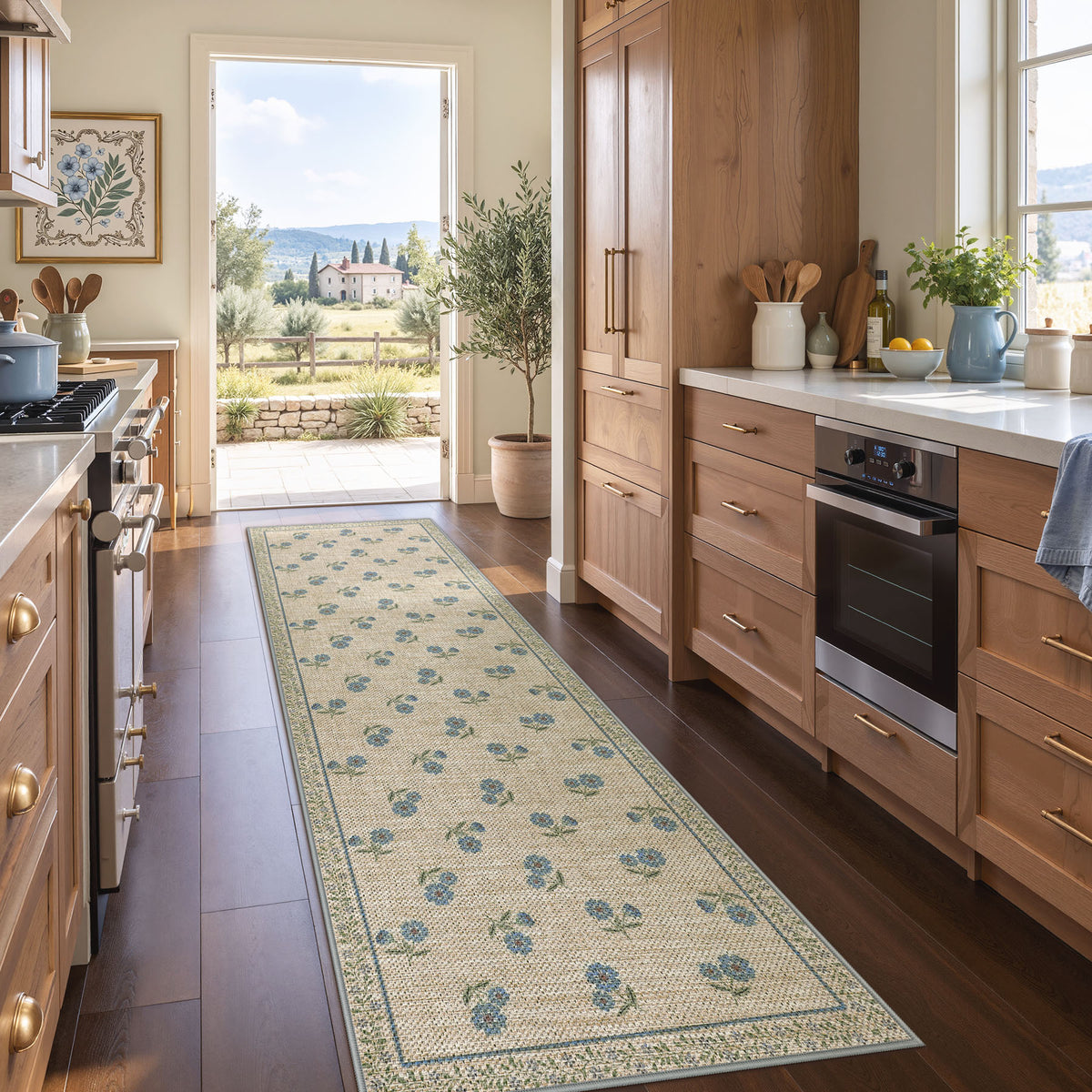 Farmhouse Floral Easy Jute Rug Washable Indoor Outdoor Low-Pile Area Rug