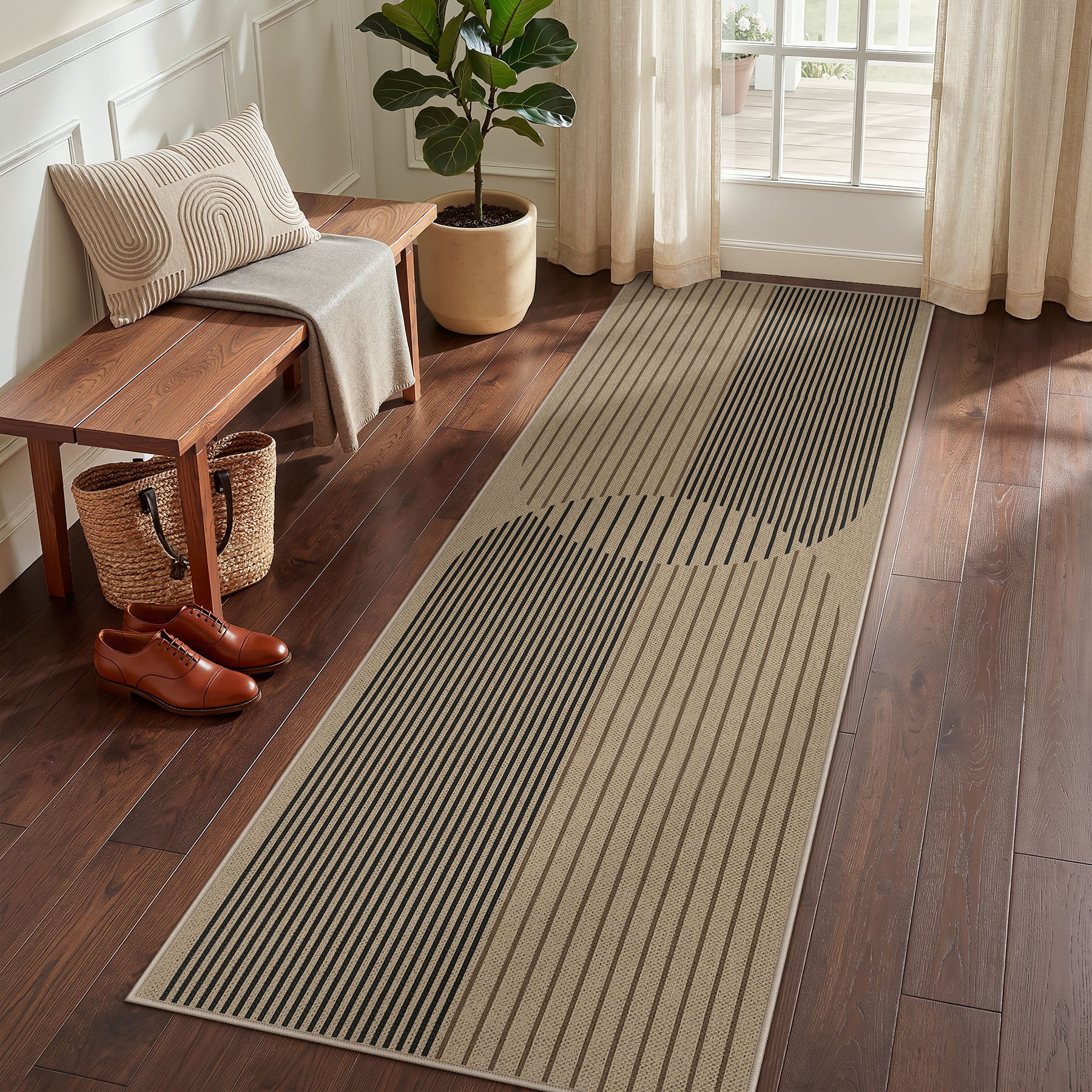 Boho Jute Washable Area Rug, Non-Slip Neutral Abstract, Indoor Outdoor Entryway Kitchen Patio Rug