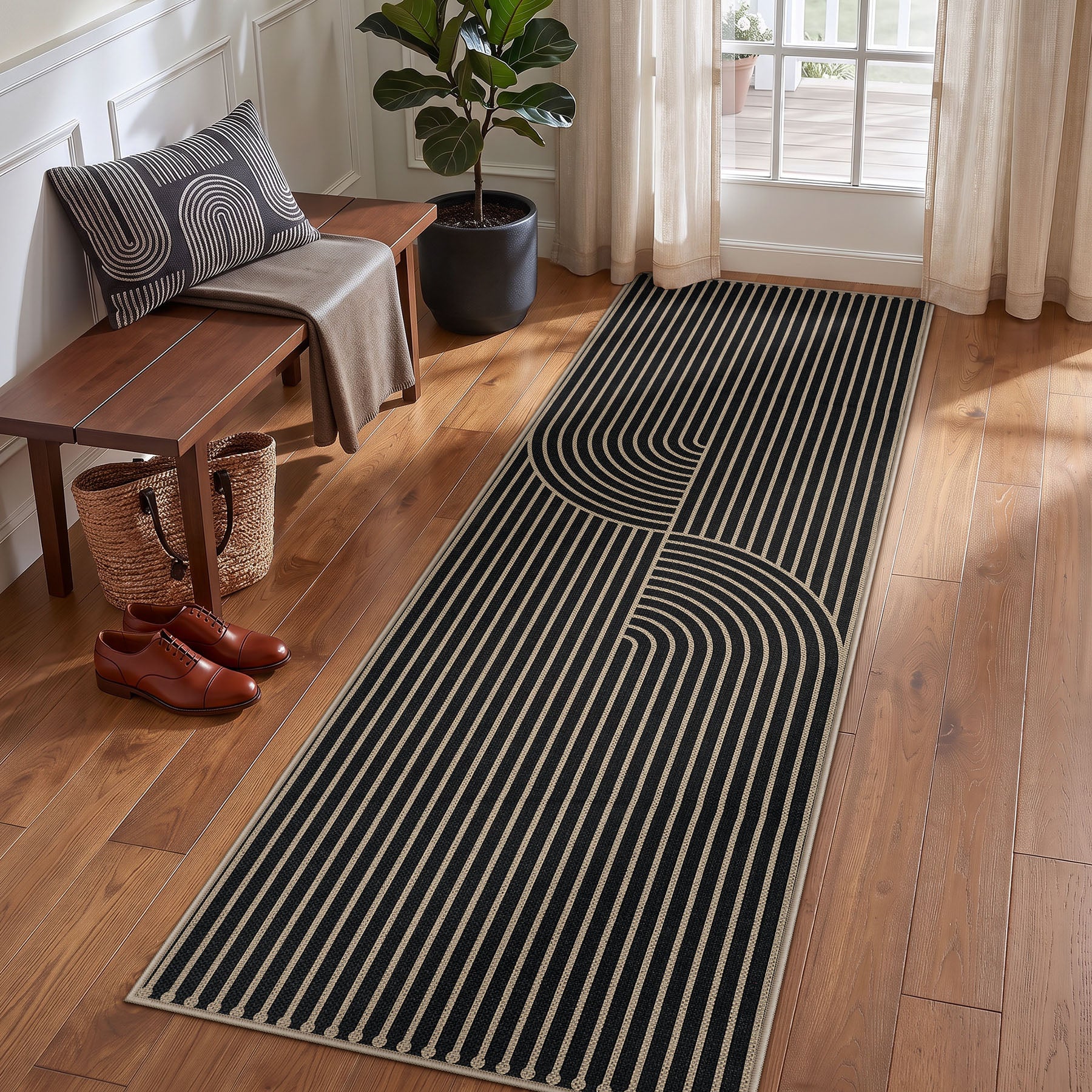 Boho Jute Washable Area Rug, Non-Slip Neutral Abstract, Indoor Outdoor Entryway Kitchen Patio Rug