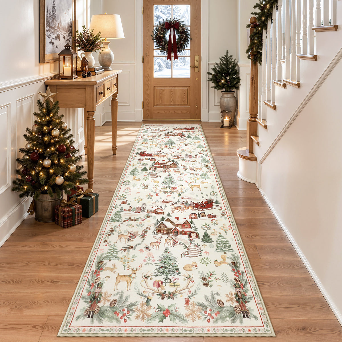 Christmas Runner Rug,Washable Non-Slip Holiday Carpet for Hallway Entryway