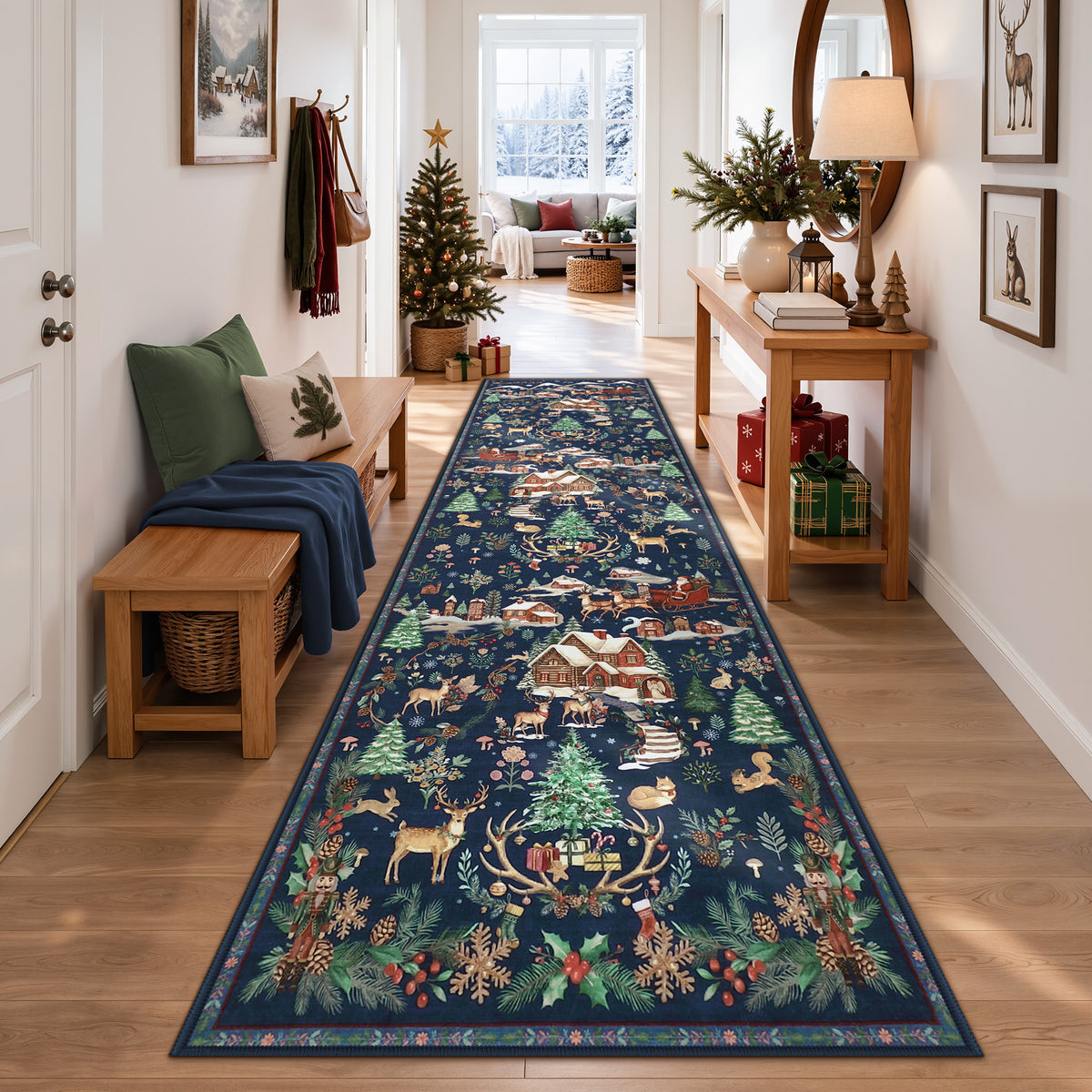 Christmas Runner Rug,Washable Non-Slip Holiday Carpet for Hallway Entryway