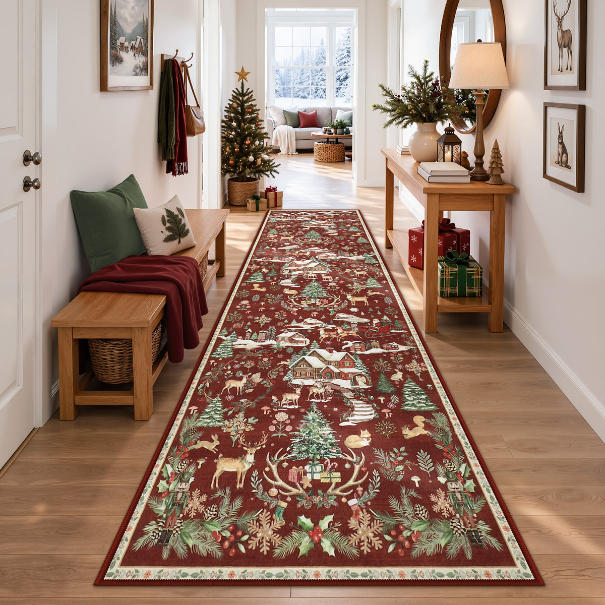 Christmas Runner Rug,Washable Non-Slip Holiday Carpet for Hallway Entryway