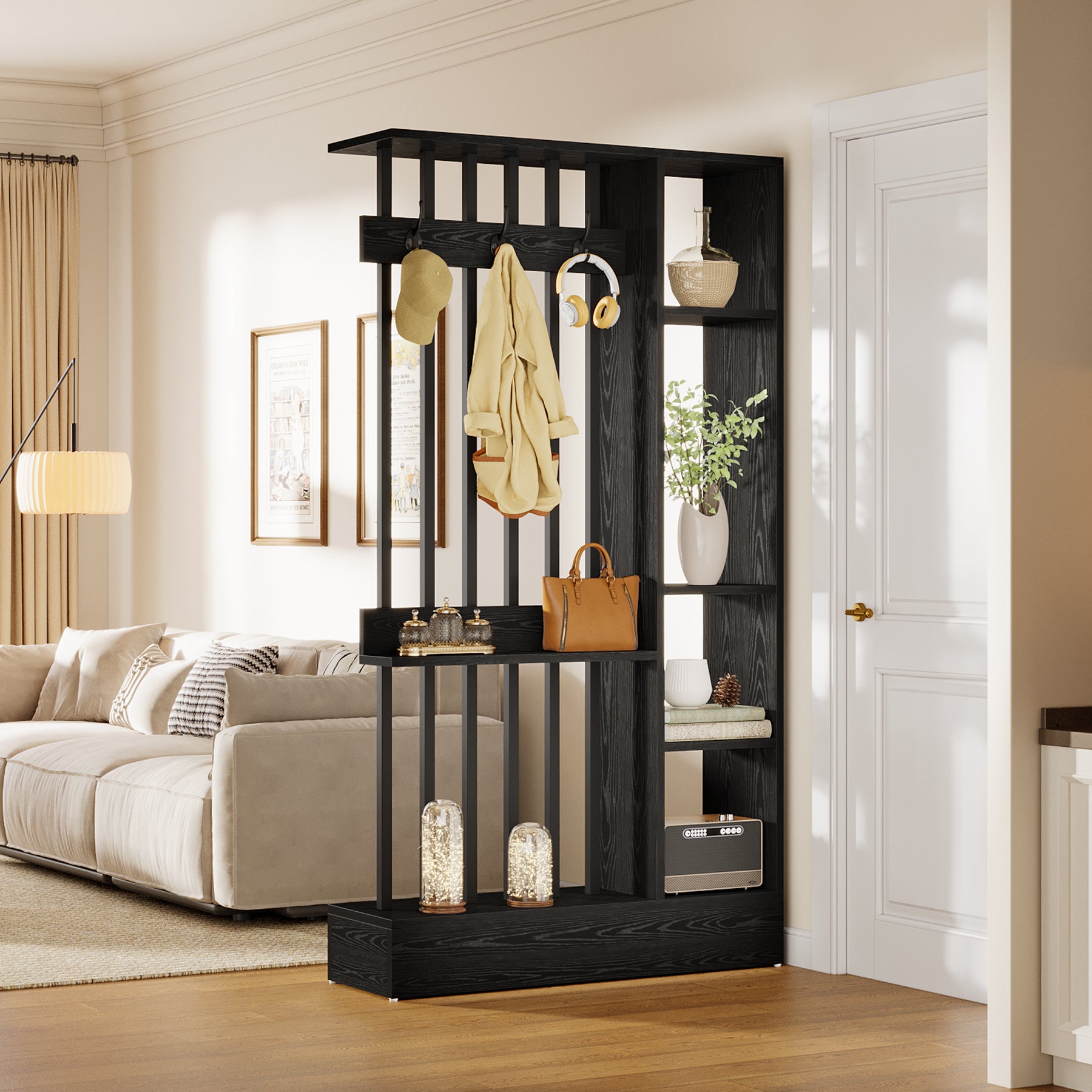 71" Wall Room Divider, Wood Freestanding Wall Partition Bookcase with Coat Hooks