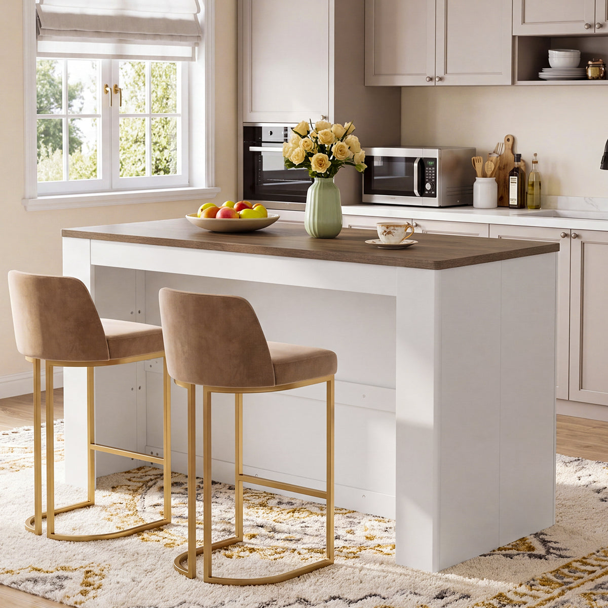 59" Modern Kitchen Island with Storage & Seating Space, 3-Tier Stationary Island Table