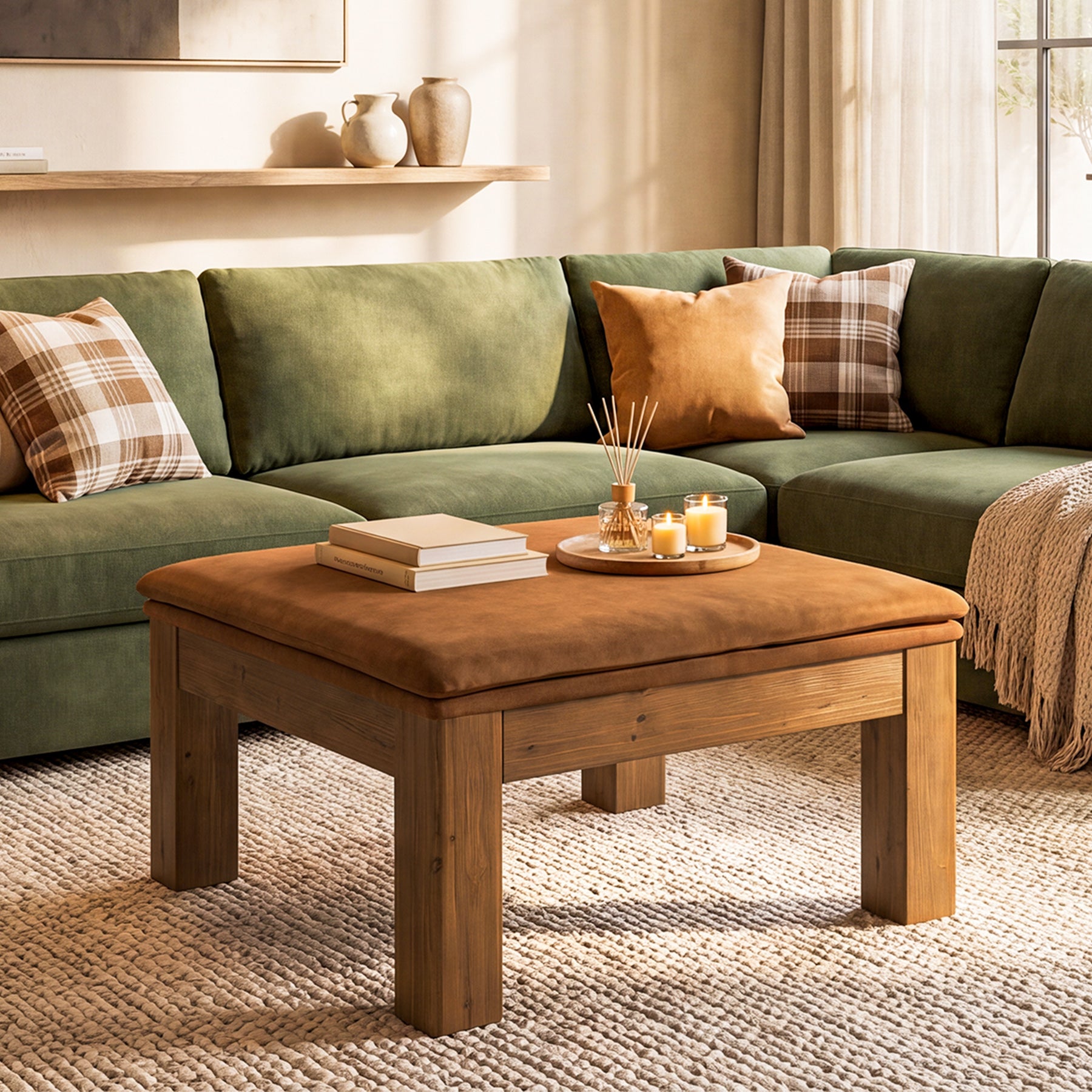 32.28" Square Coffee Table with Solid Wood Frame & Removable Velvet Cushion
