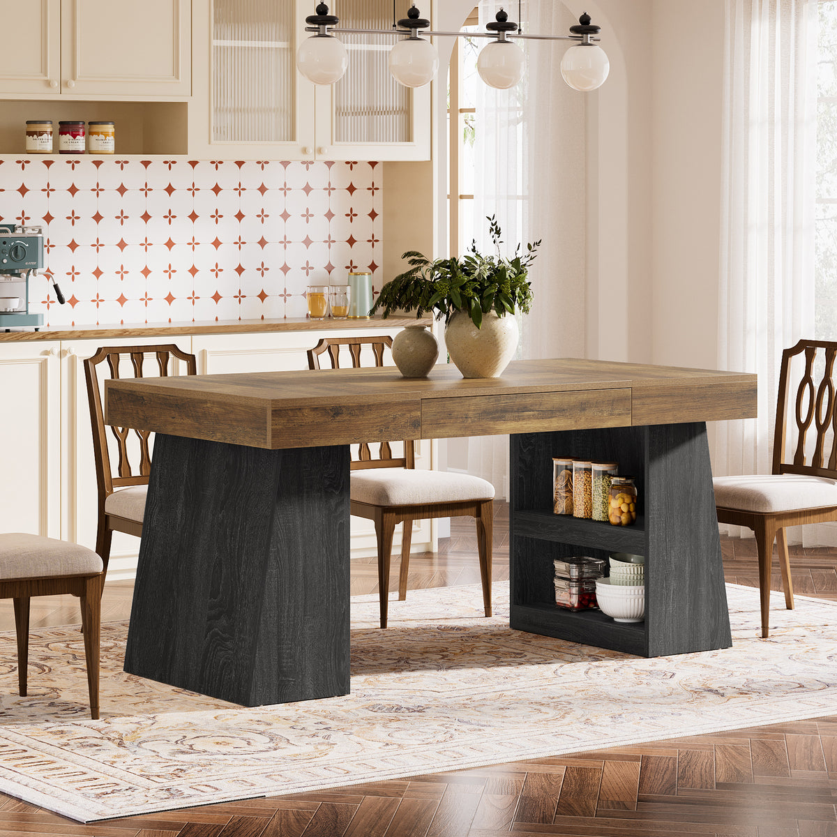 55" Dining Table, Wooden Kitchen Dinner Table with Storage Drawer for 4-6 People