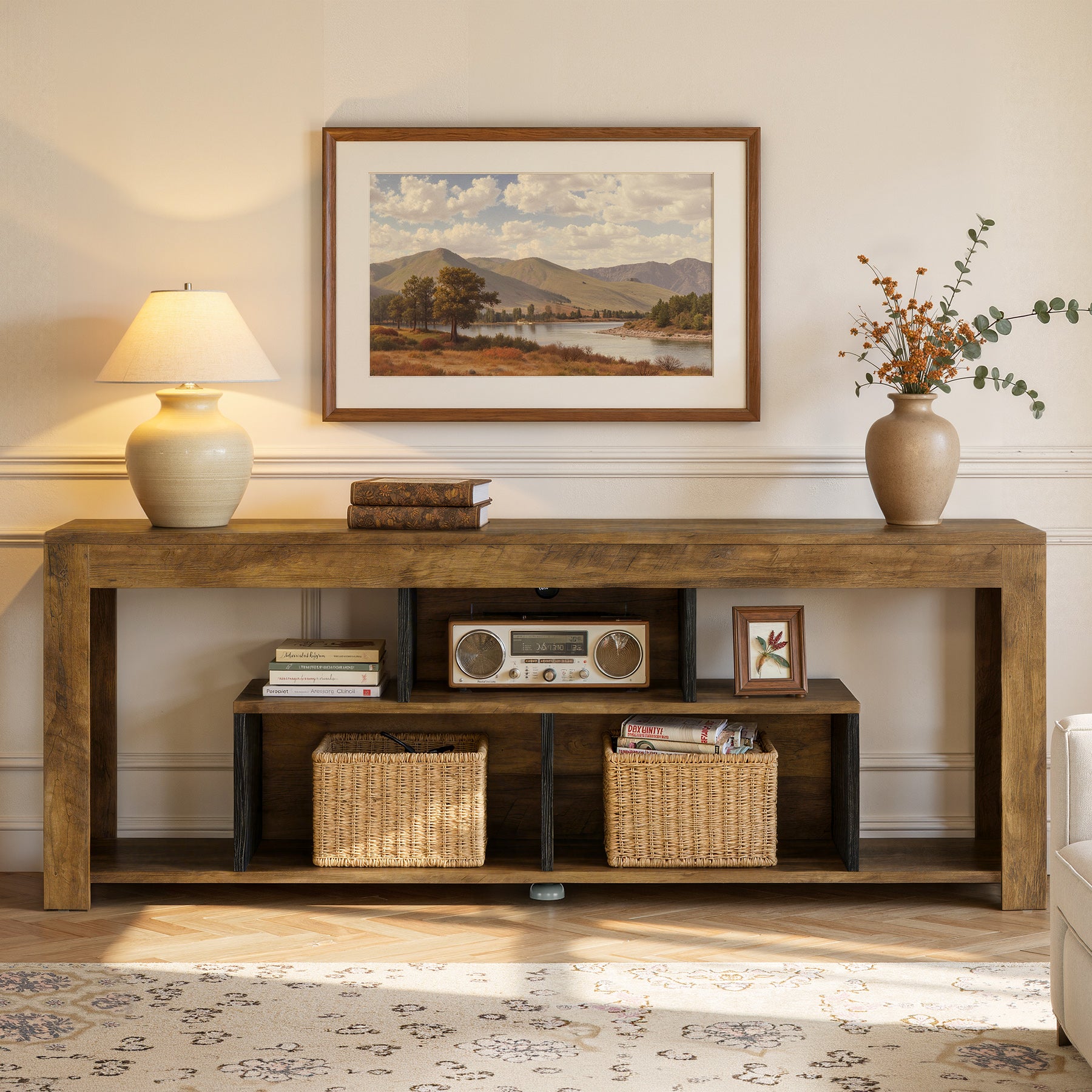 63-Inch Low Sofa Console Table with Storage Shelves, Rustic 3-Tier Entryway Table for Living Room