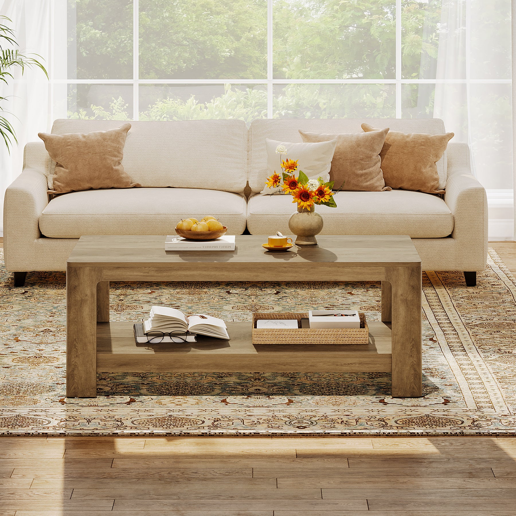 47.24" Rectangular Coffee Table with 2-Tier Storage, Wood Center Table for Living Room
