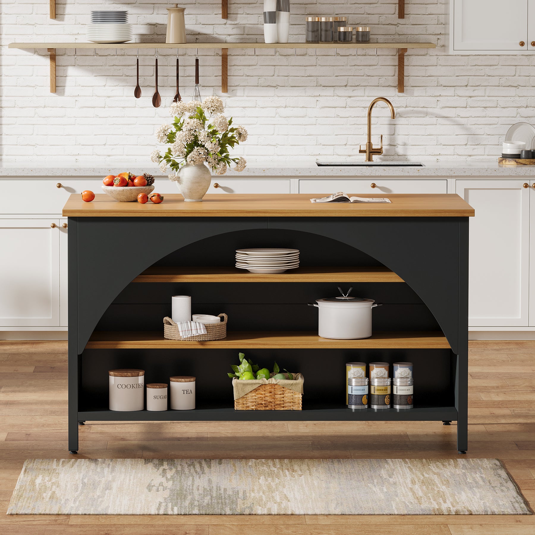 Kitchen Island with 3 Storage Shelves, 55" Kitchen Shelf with Large Countertop