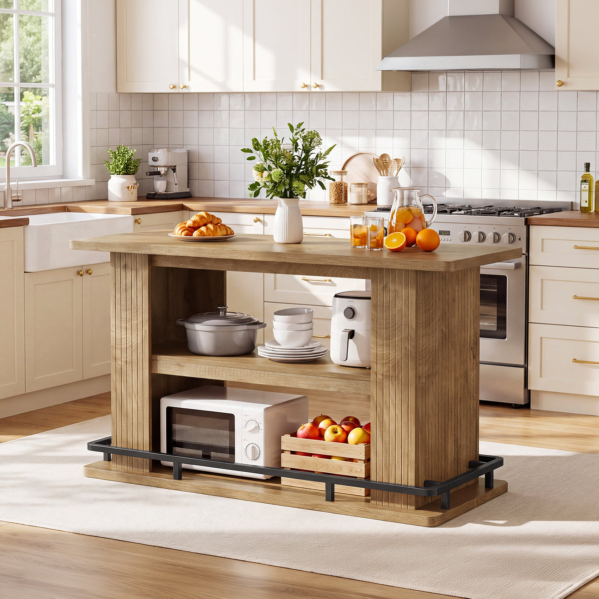 63" Kitchen Island, Stationary Island Table with Shelves & Metal Footrest for Kitchen