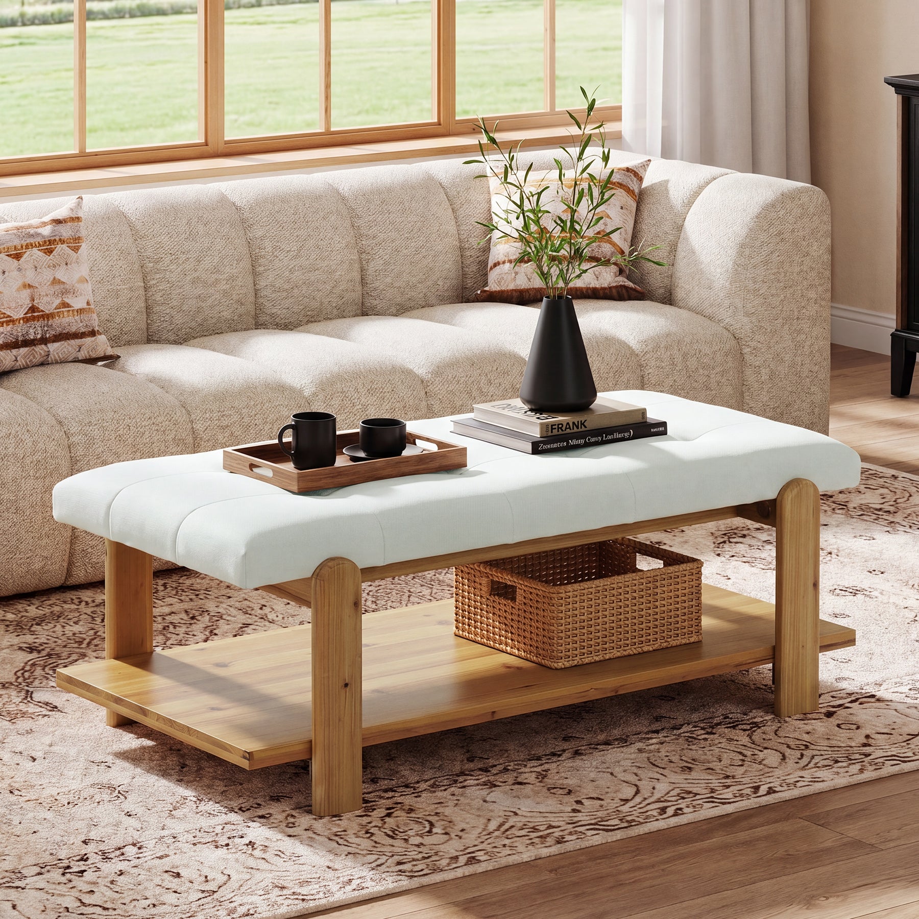 47.24" Ottoman Coffee Table, Rectangle Large Footrest Ottoman with Solid Frame and Storage Shelf