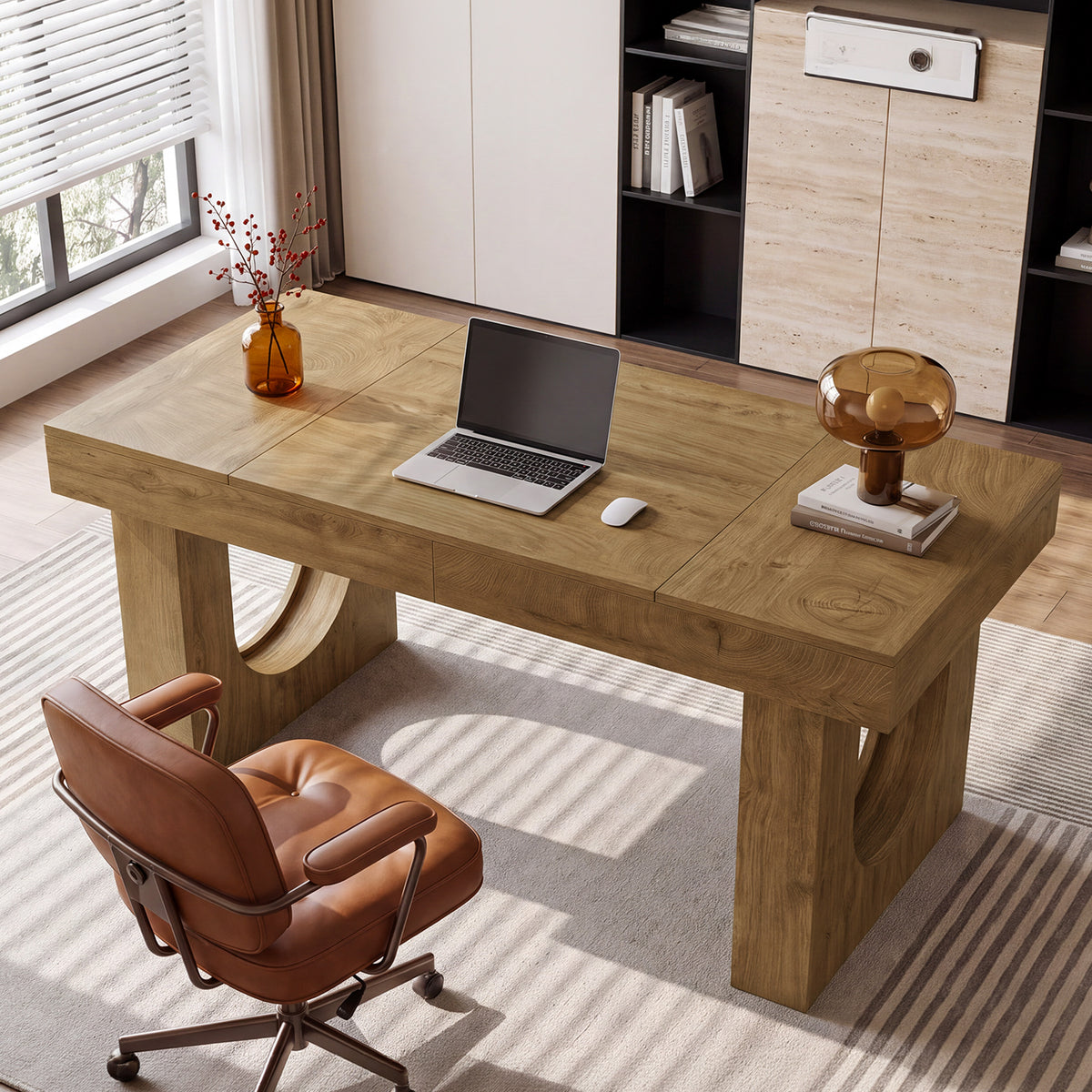 55" Farmhouse Executive Desk, Rectangular Office Computer Desk with U-Shape Double Pedestal