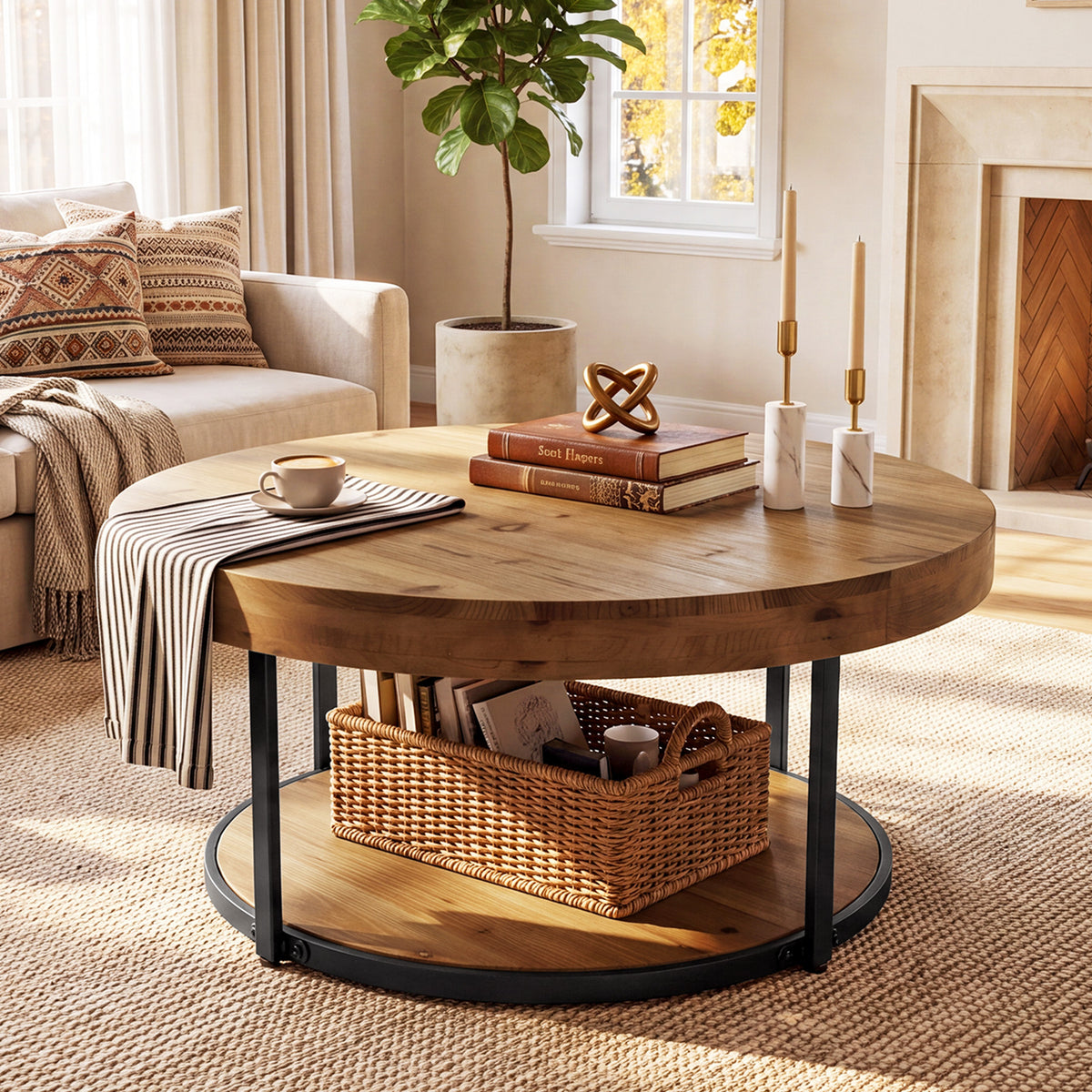 39.17" Solid Wood Round Coffee Table, 2-Tier Center Table with Metal Frame