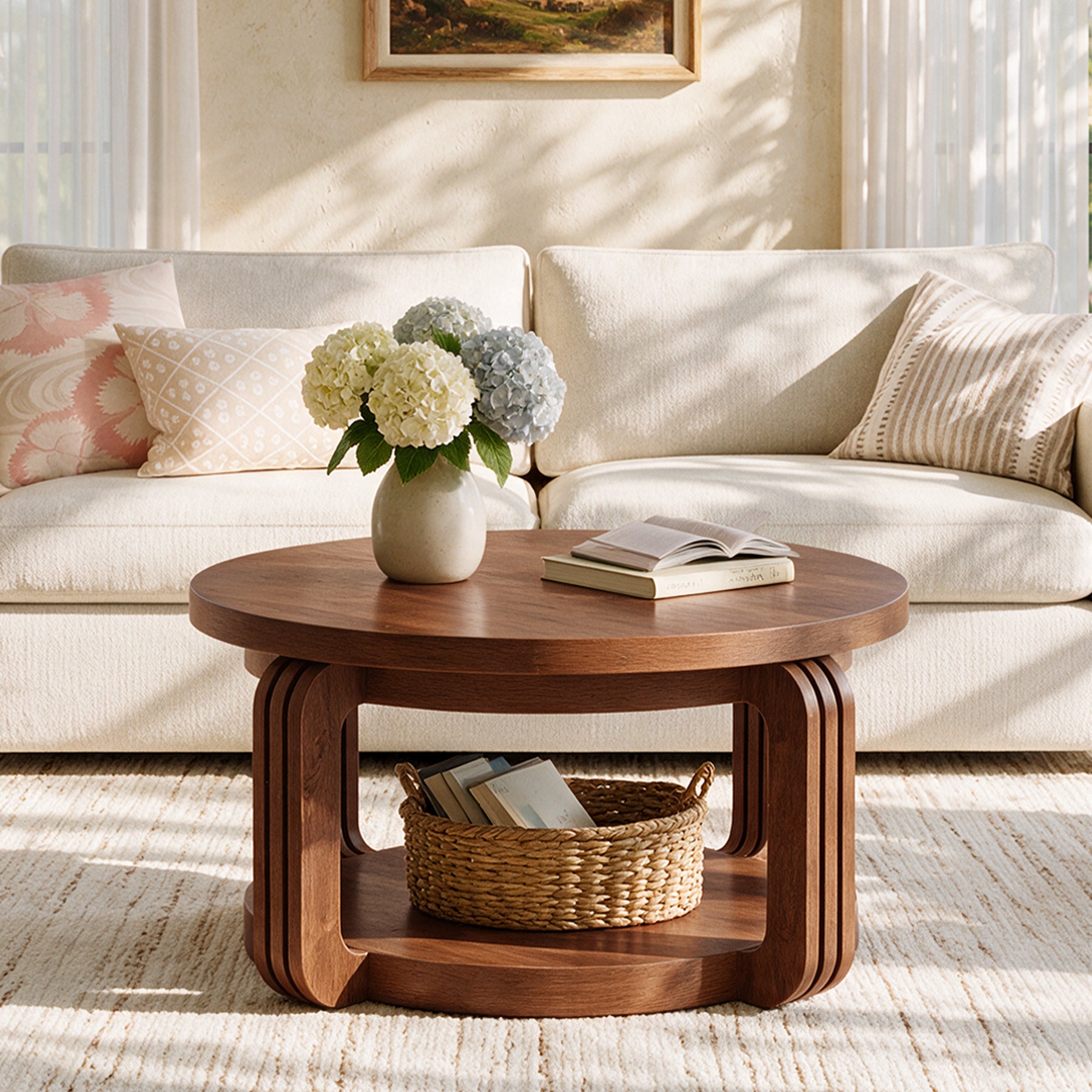 31.5-Inch Round Coffee Table with 2-Tier Storage, Arch Design Center Table for Living Room