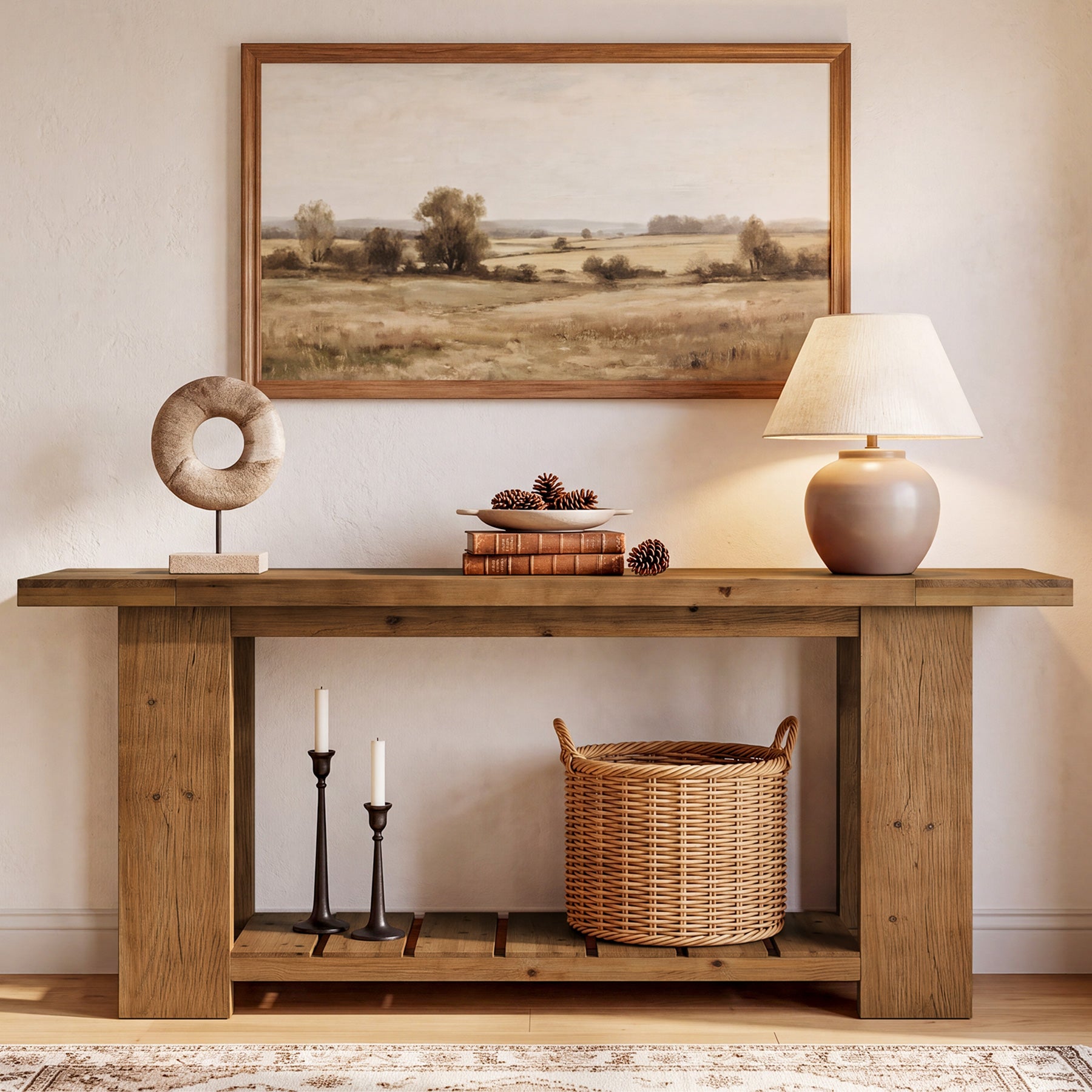 79" Solid Wood Console Table, Farmhouse Sofa Entryway Table with 2-Tier Storage