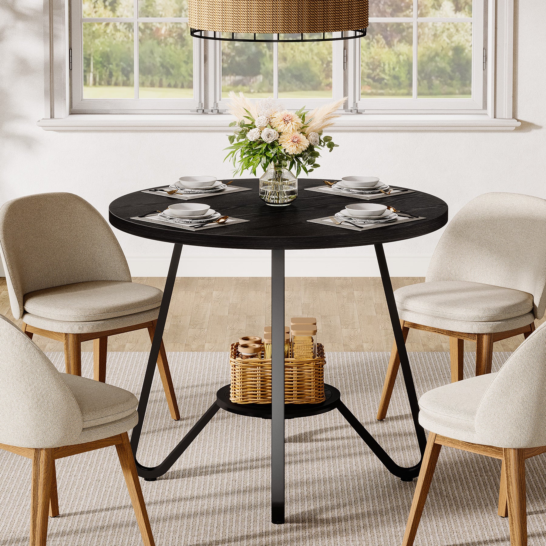 31.5" Round Dining Table, Small Kitchen Table with Open Shelves for 2