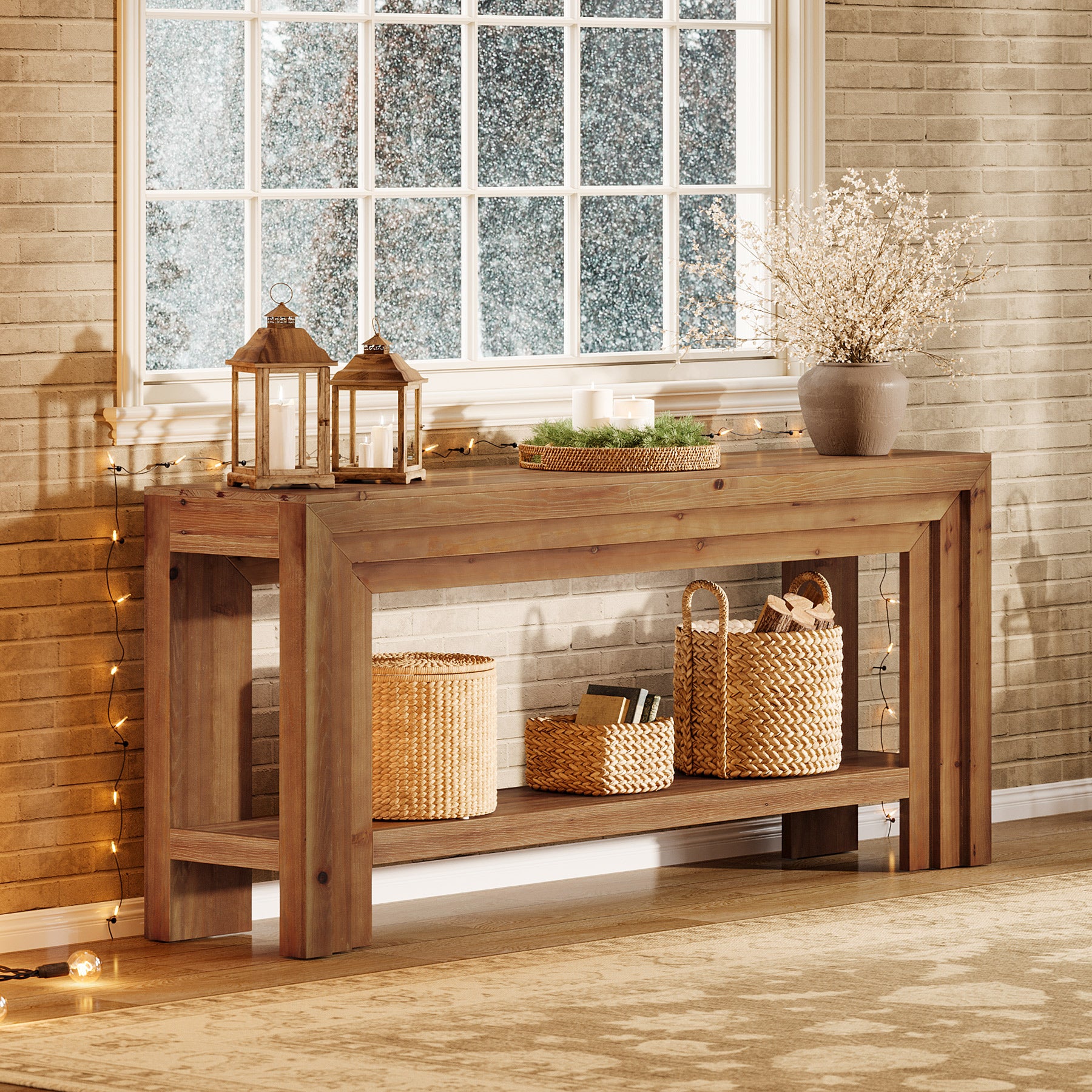 63" Solid Wood Entryway Console Table with 2-Tier Shelf, Farmhouse Sofa & Hallway Table with Dimensional Linear Frame