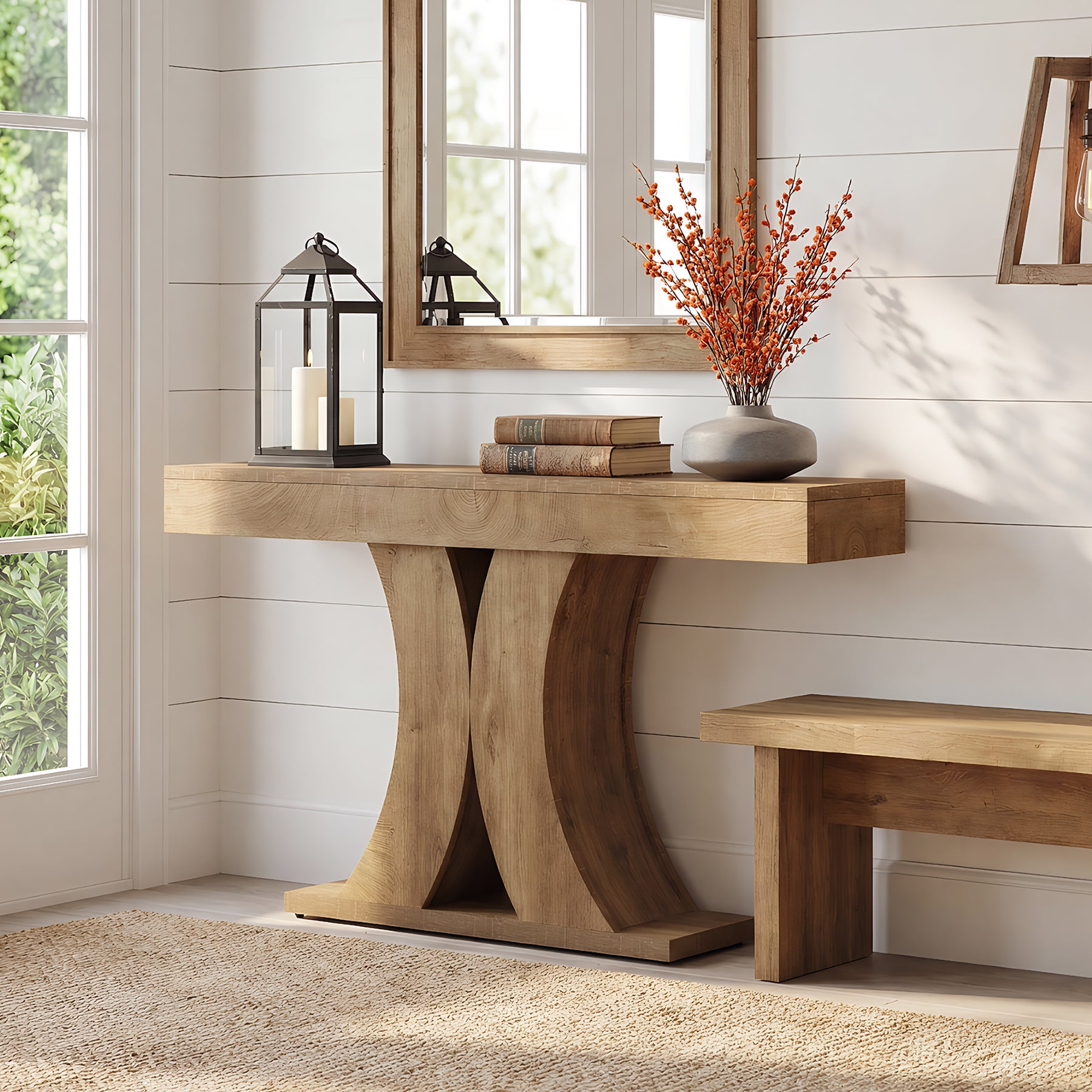 59" Narrow Farmhouse Console Table, Wooden Sofa Table with X-Frame Base for Entryway, Hallway, or Behind Couch