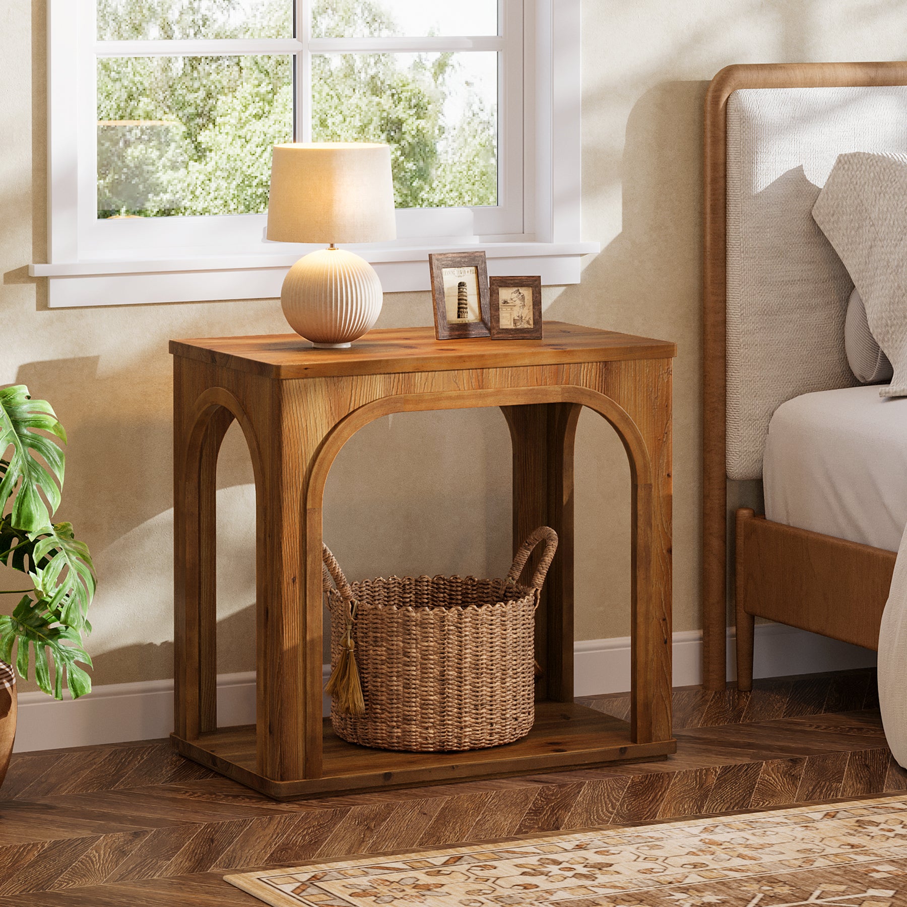 25" Farmhouse Side Table, 2-Tier Solid Wood End Table with Shelf