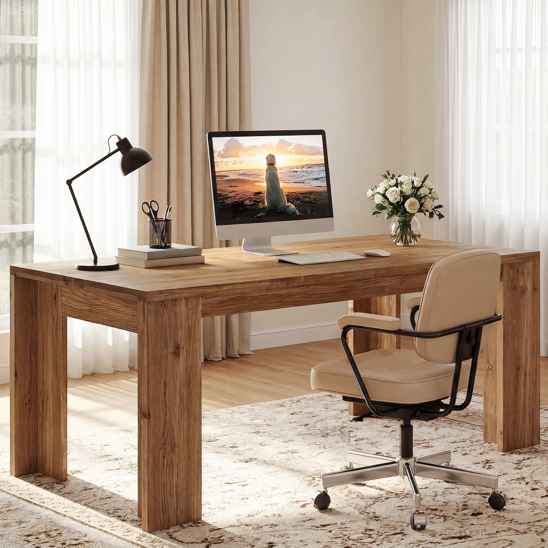 Tribesigns 63" Solid Wood Executive Desk, Farmhouse Office Desk for Home