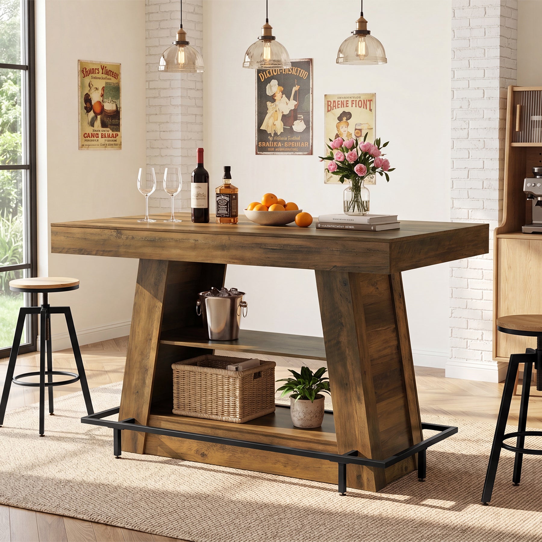 47.2" Rectangular Bar Table, Counter Height Bistro Table with 2-Tier Open Storage Shelves