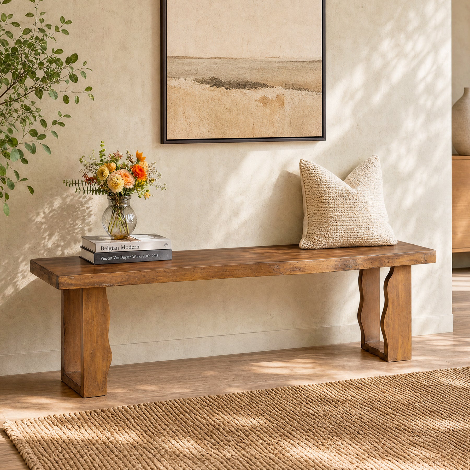 55-Inch Solid Wood Entryway Bench, 350 LB Shoe Bench with Thick Seat for Hallway