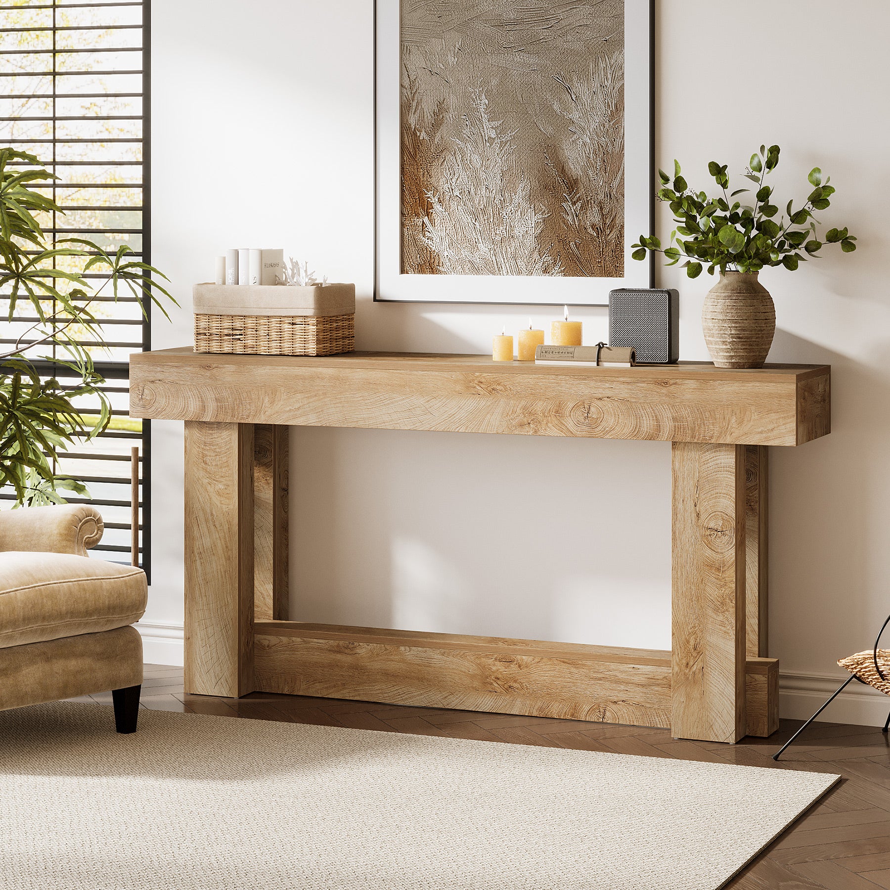 63" Wood Console Table, 2-Tier Farmhouse Entryway Table