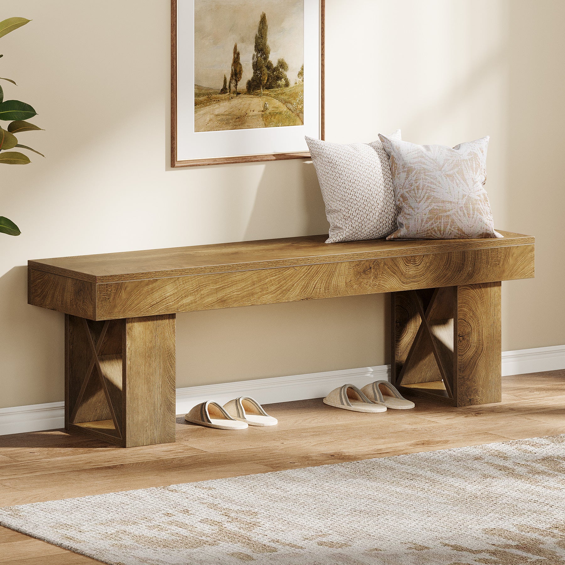 55" Entryway Bench, Farmhouse Shoe Bench Indoor End of Bed Stool