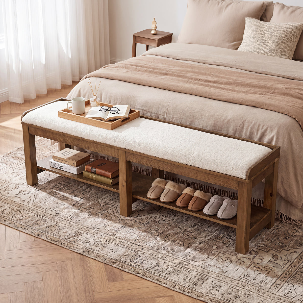 63" Solid Wood Entryway Shoe Bench, 2-Tier Upholstered End of Bed Bench with Cushion