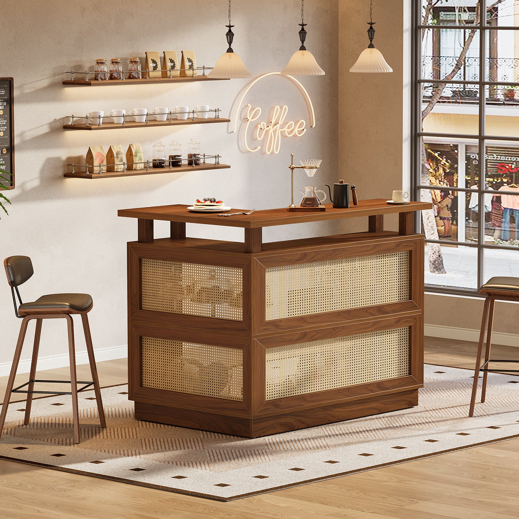 L-Shaped Home Bar Unit, Rattan Bar Table Liquor Cabinet with 4-Tier Storage Shelf