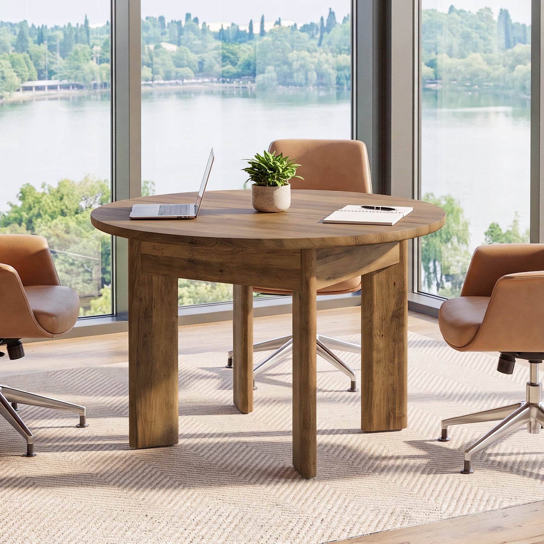 39" Round Conference Table for 4, Modern Small Meeting Table with Thick Legs for Office