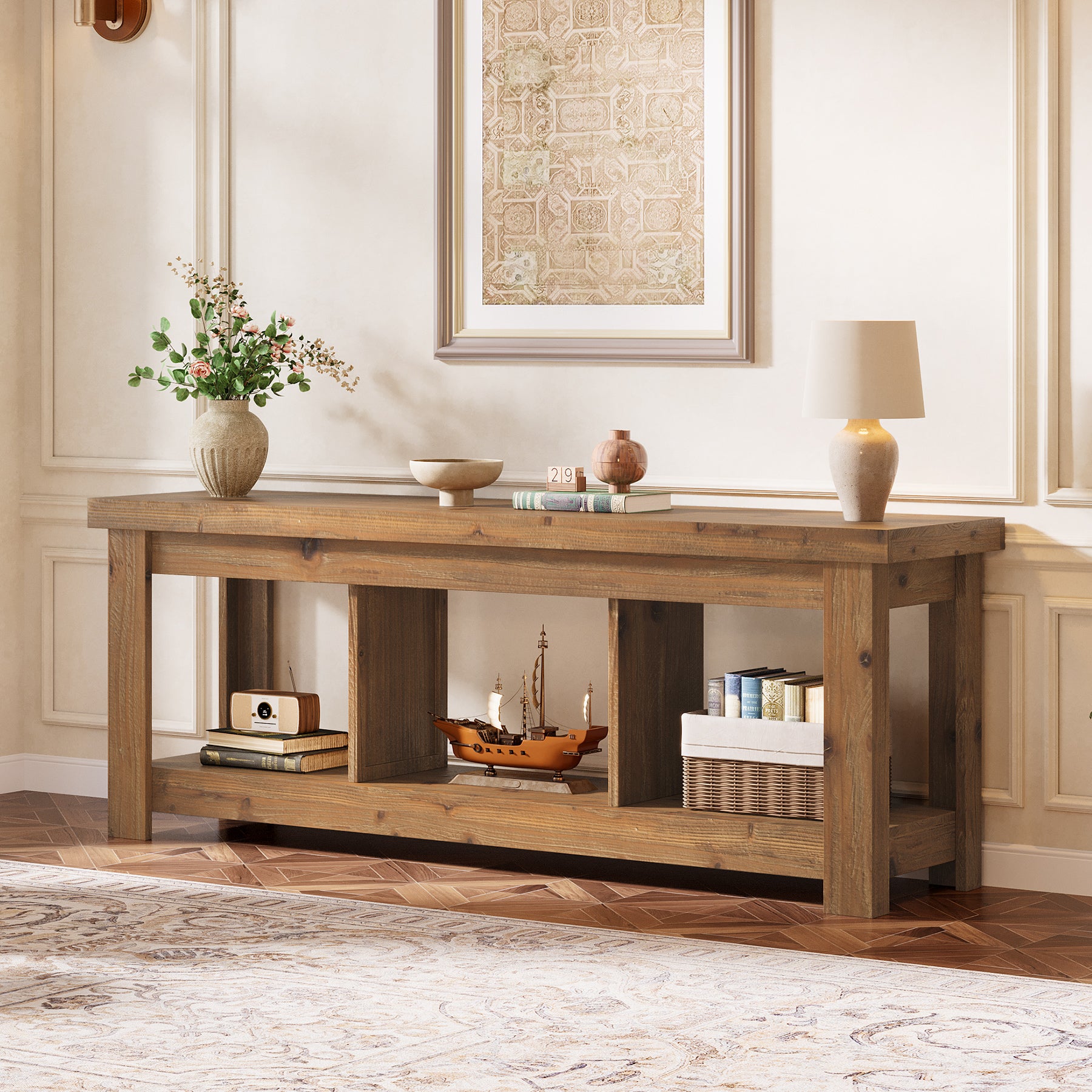 Solid Wood Console Table, 63" Sofa Entryway Table With 3 Open Shelves