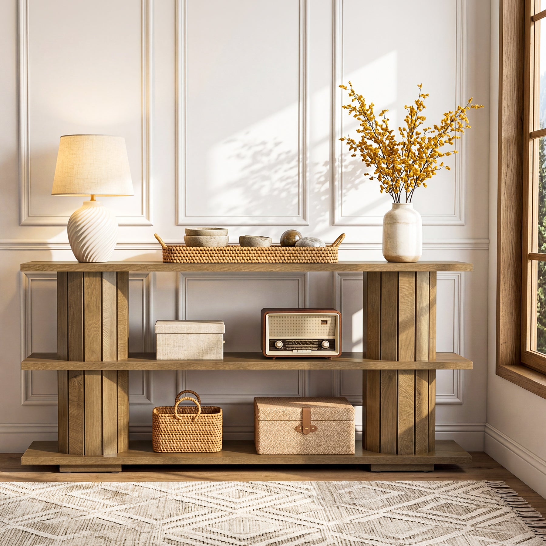 63" Console Table with Storage Shelves, Long Narrow Entryway Sofa Table with 3-Tier Shelving