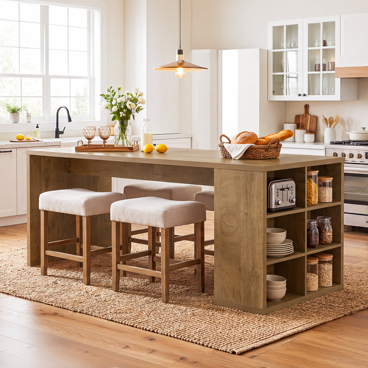 63" Kitchen Island, Rectangular Stationary Storage Island Table with Open-Sided Shelves