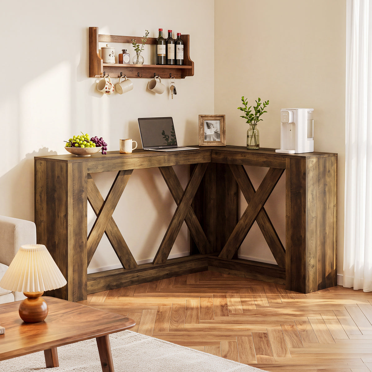 63" L-Shaped Bar Table, X-Cross Frame, Farmhouse Corner Pub Table