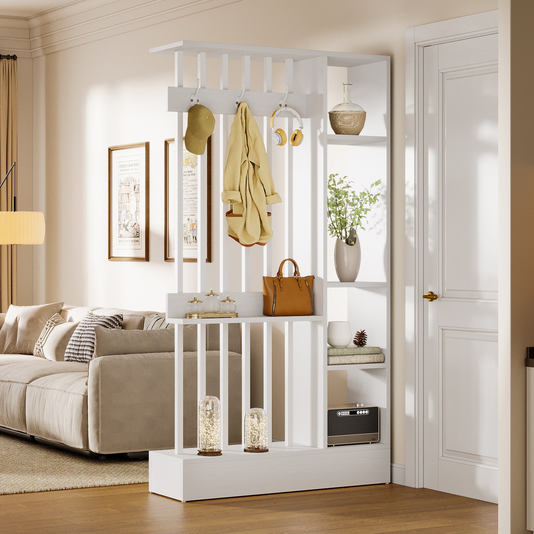 71" Wall Room Divider, Wood Freestanding Wall Partition Bookcase with Coat Hooks