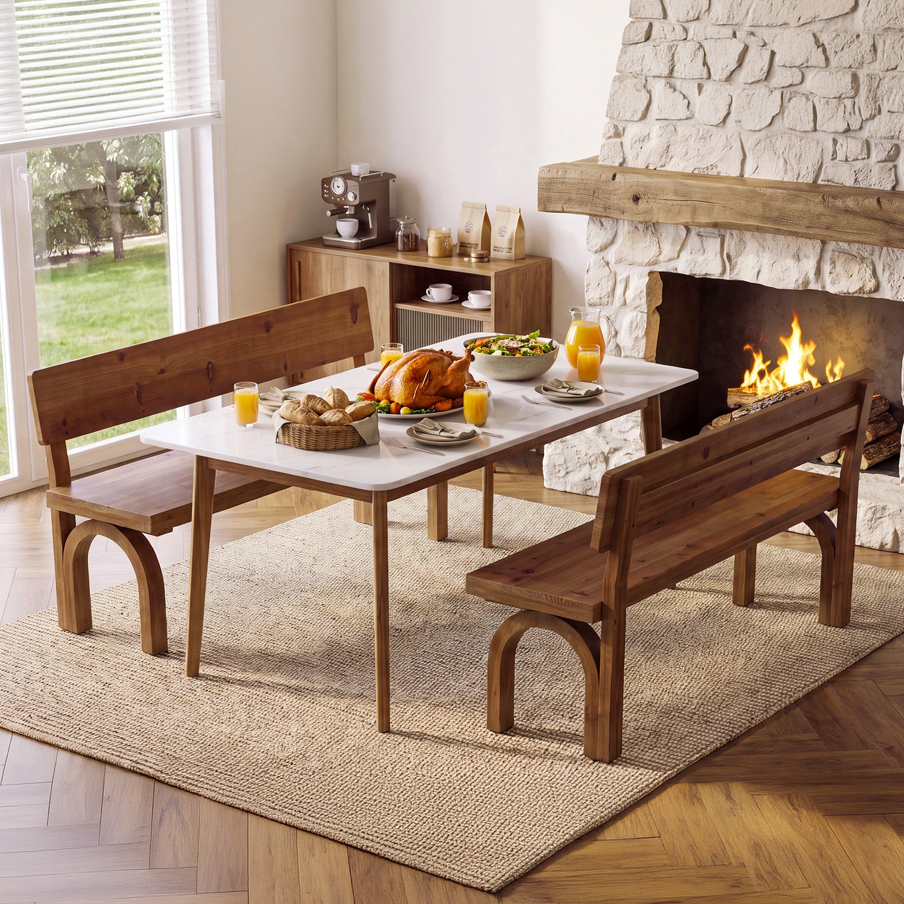 Solid Wood Entryway Bench with Backrest, 63" Long Dining Bench for Entryway, Kitchen