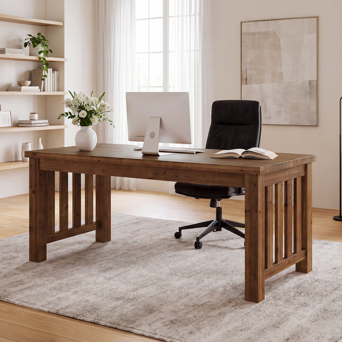 63" Solid Wood Computer Desk, Sturdy Farmhouse Home Office Writing Table