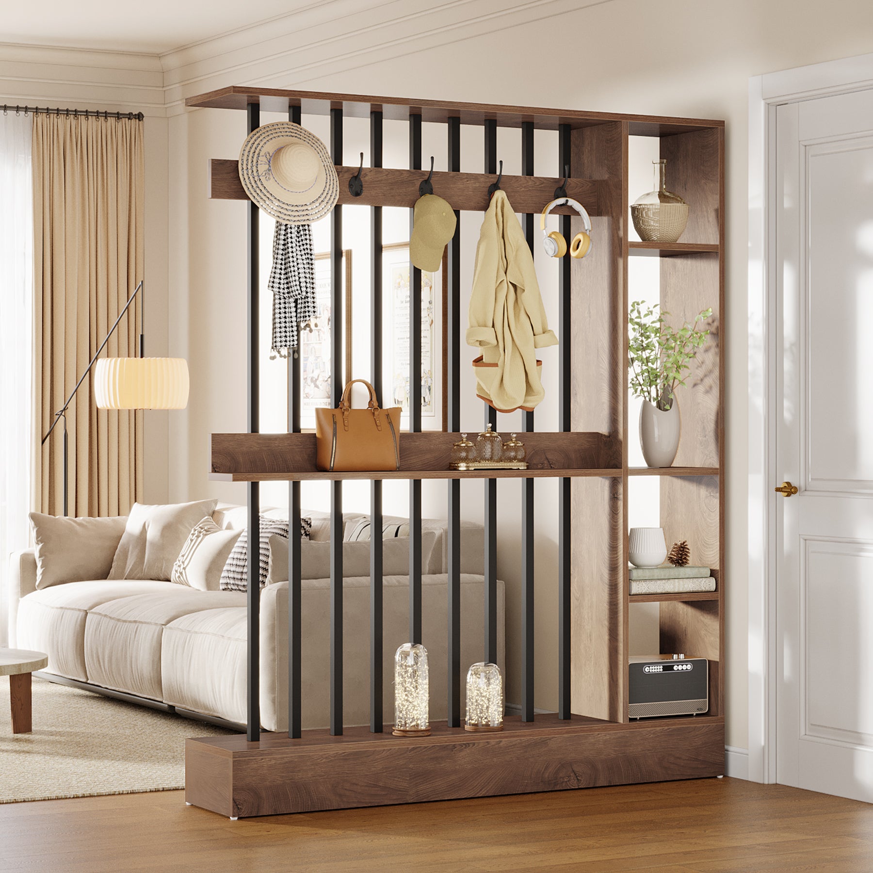 71" Wall Room Divider, Modern  Room Partition with Shelves & Coat Hooks for Entryway