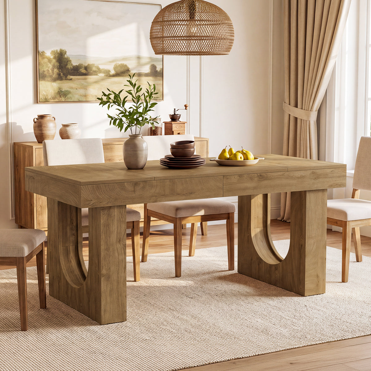 55" Farmhouse Dining Table for 4-6, Rectangular Kitchen Table with U-Shape Legs