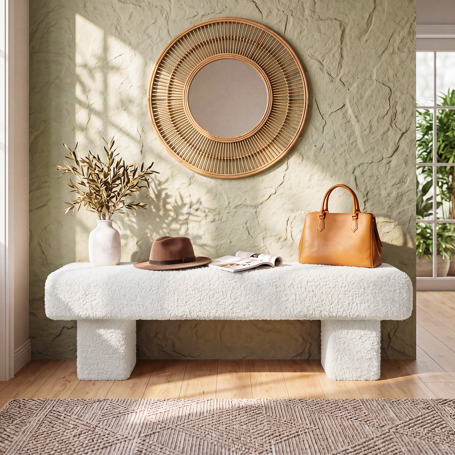 59" Entryway Bench, Modern Upholstered Ottoman Shoe Bench