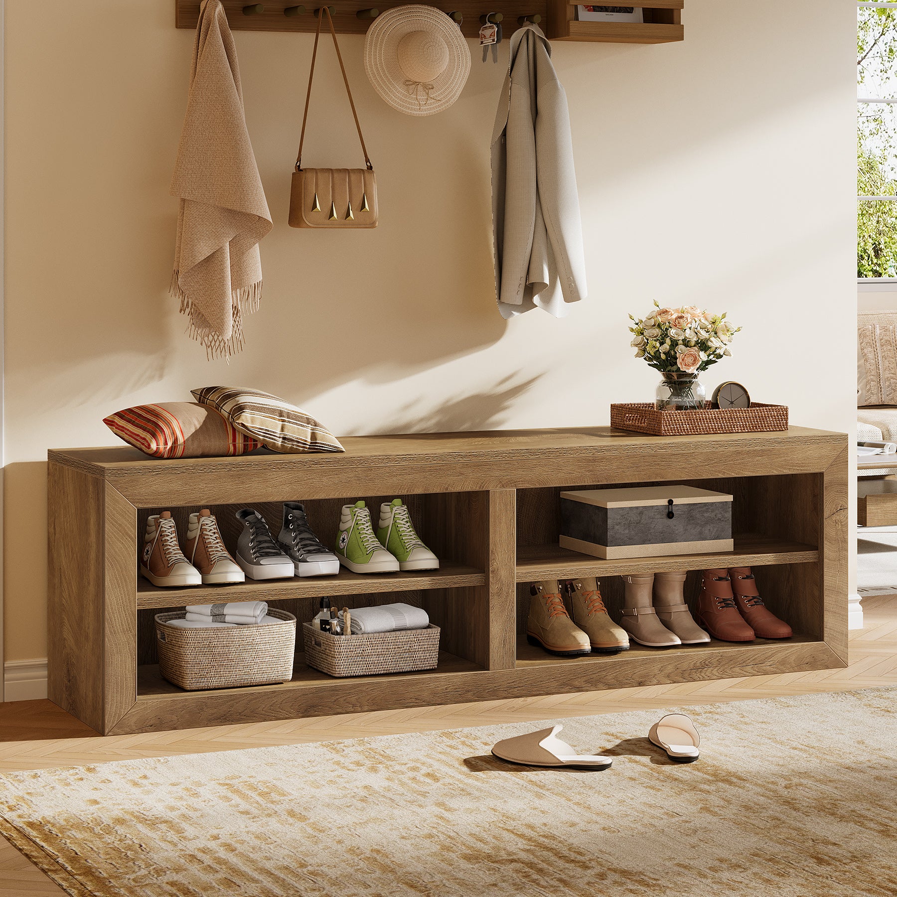 55" Entryway Shoe Bench, Farmhouse Storage Bench with 4 Cube Compartments