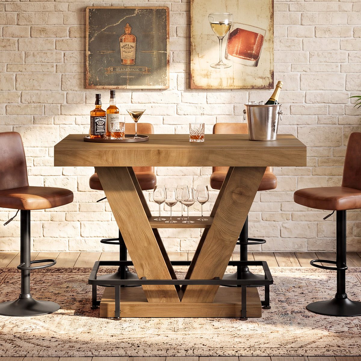 47" Counter Height Bar Table with Footrest, V-Shaped Support & 2-Tier Storage