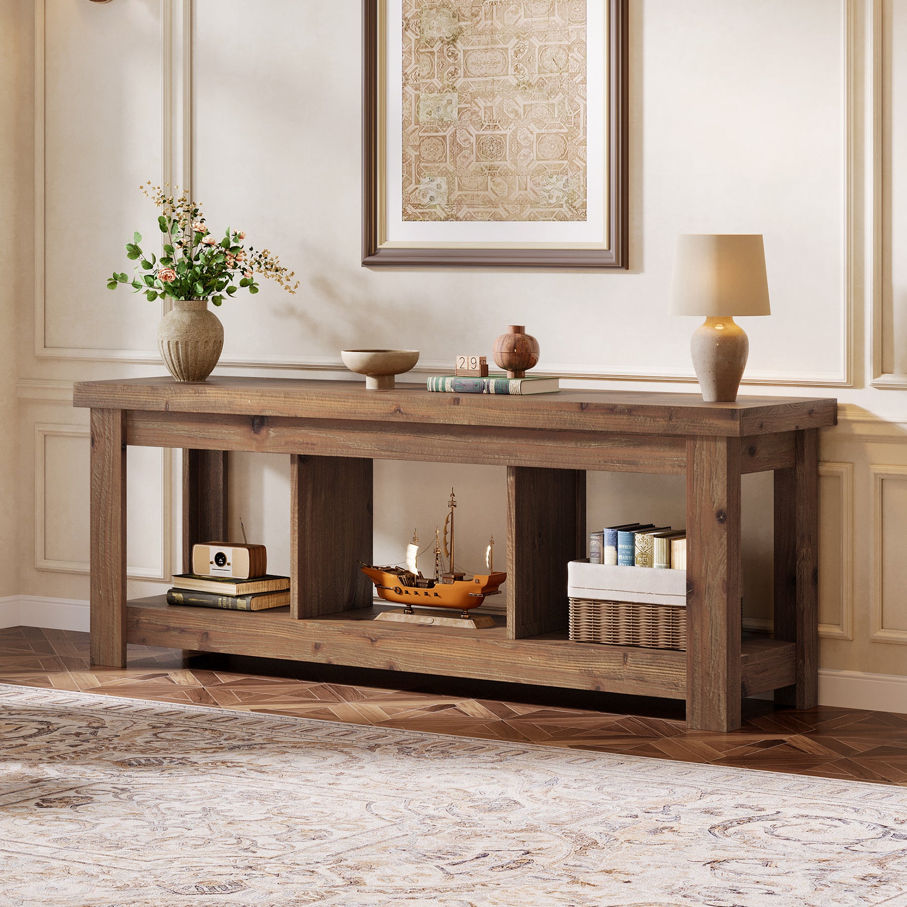 Solid Wood Console Table, 63" Sofa Entryway Table With 3 Open Shelves