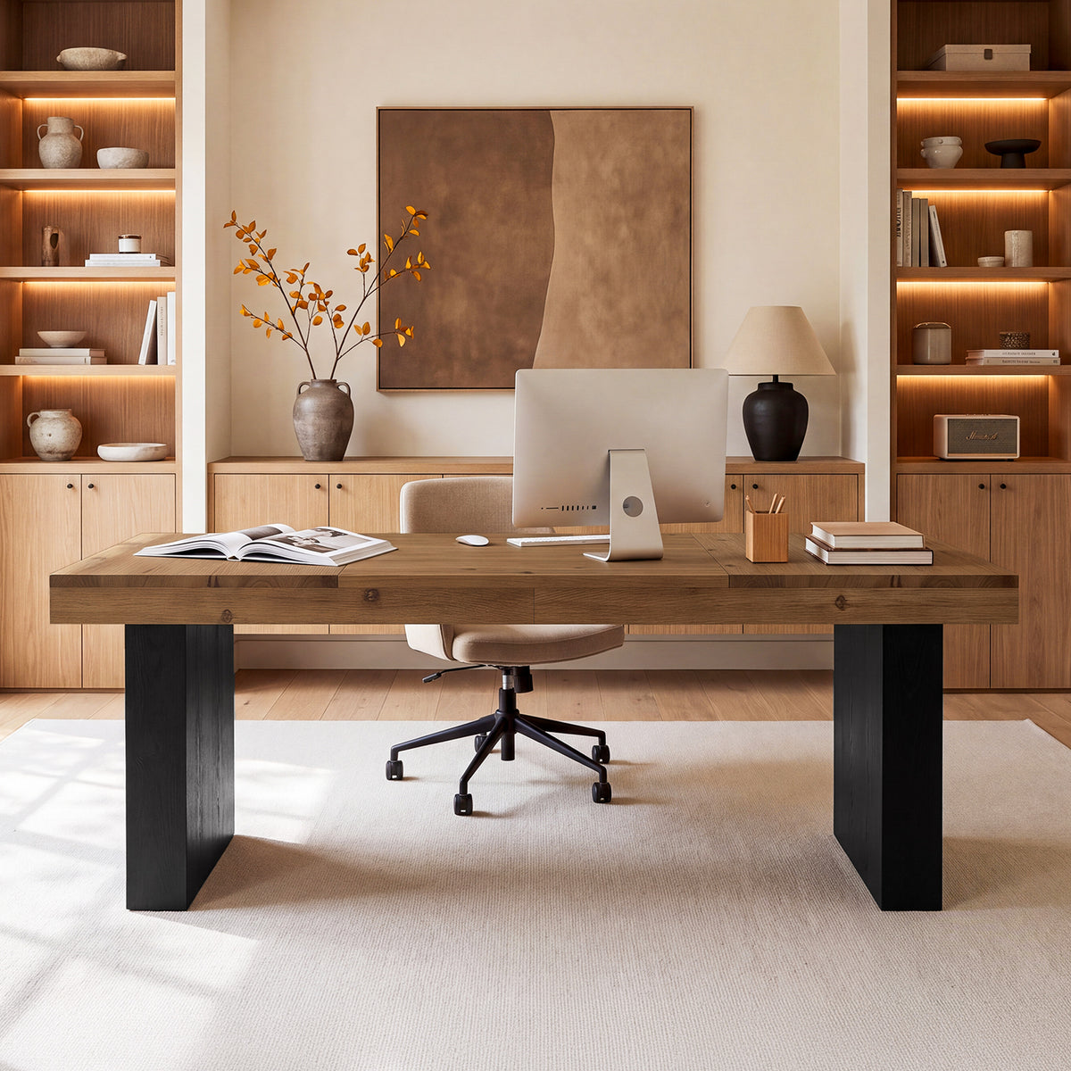 79" Solid Wood Executive Desk, Long Conference Table Computer Desk with Heavy Duty Base