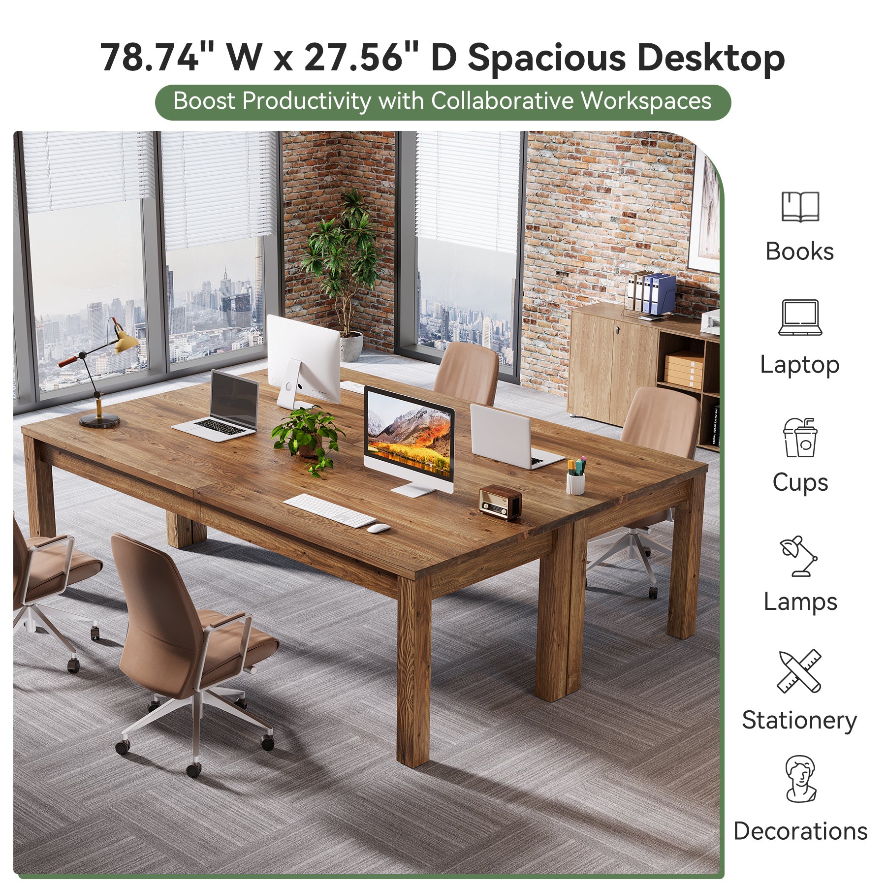 78.7" 2-Person Desk, Solid Wood Double Computer Table Workstation